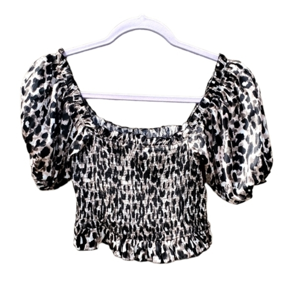 Red Carter Stretchy Leopard Print Puff Sleeve Ruched Croptop XS NWOT